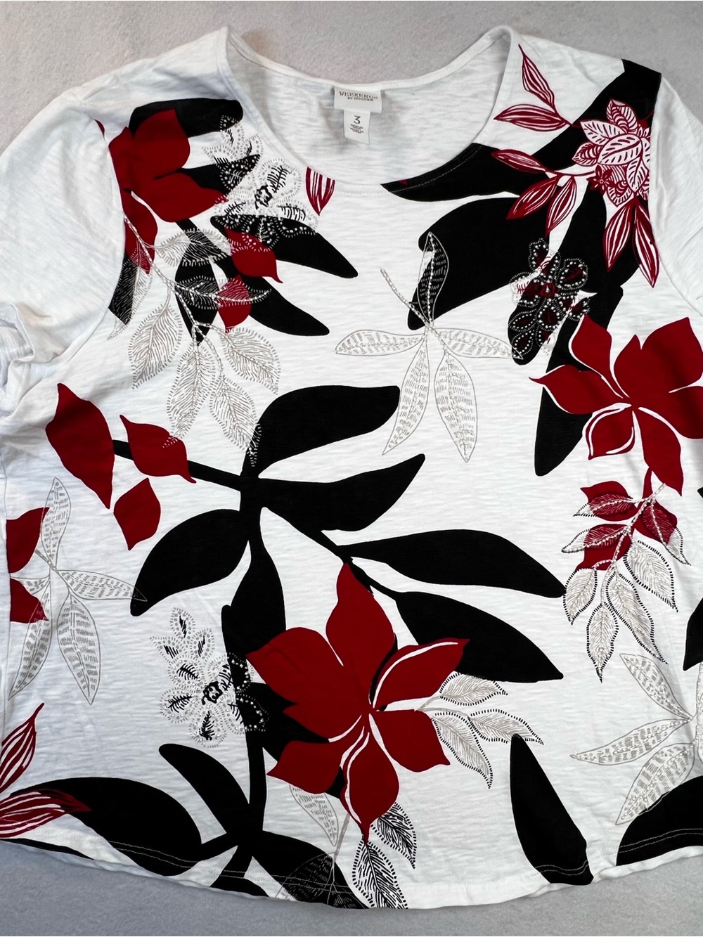 Chico’s Weekends Size 3 Artsy Floral Beaded Statement Tee Red Black White
